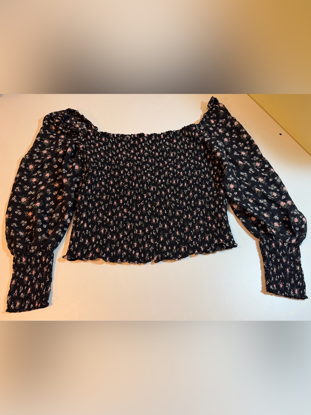 Reformation Pinto Smocked Crop Top Black Floral Puff Sleeve Square Neck Blouse